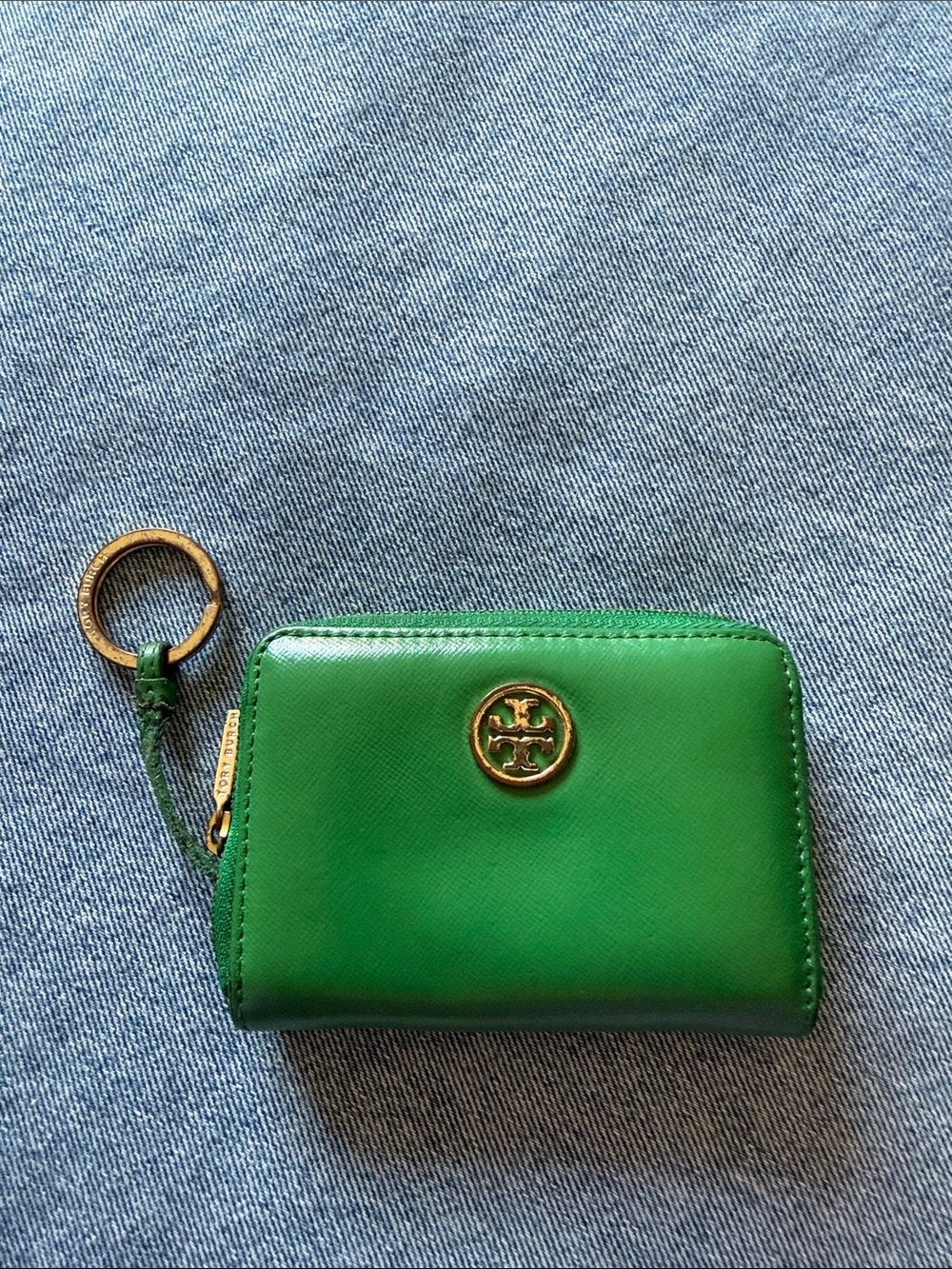 Tory Burch Emerald Green Leather Zip Card Case with Gold Keyring
